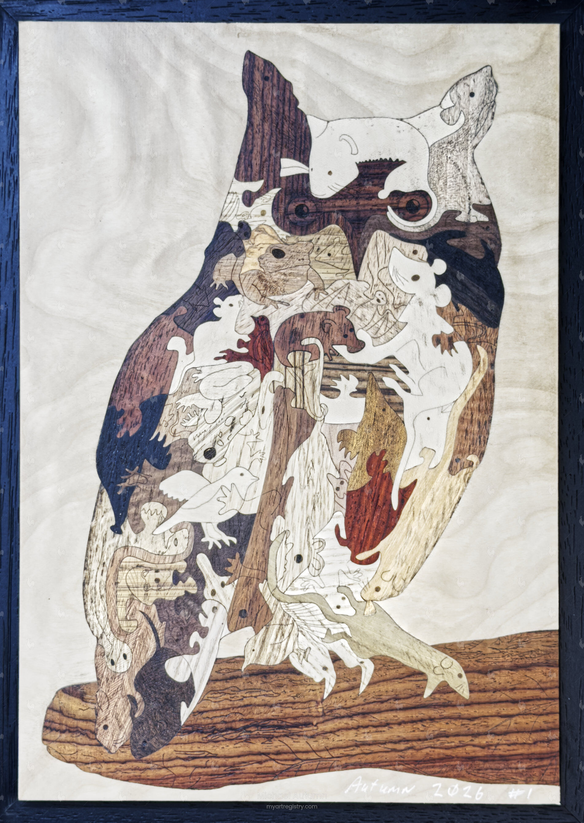 Long-eared Owl (You are what you eat) - marquetry