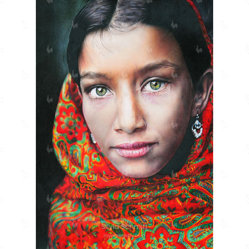 Girl with Green Eyes and Red Headscarf