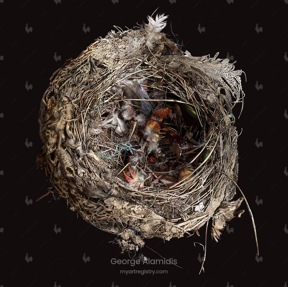 Drawing of "Empty Nest with Feathers and String" from the "Empty Nest" series