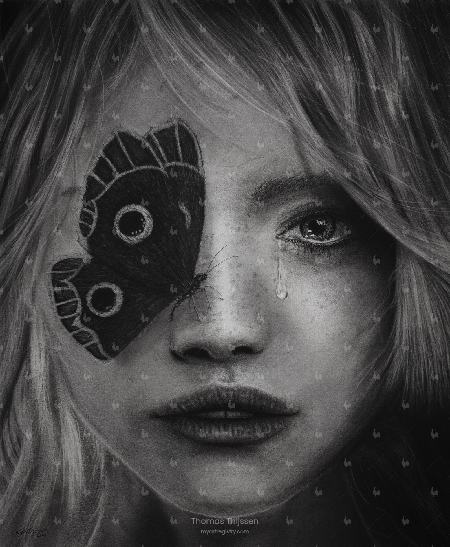 Print of "The Butterfly Girl by Thomas Thijssen charcoal drawing 2021"