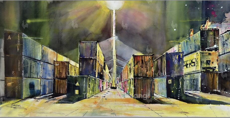Print of Watercolour: Containerstapel Hamburg / Container Stack Hamburg