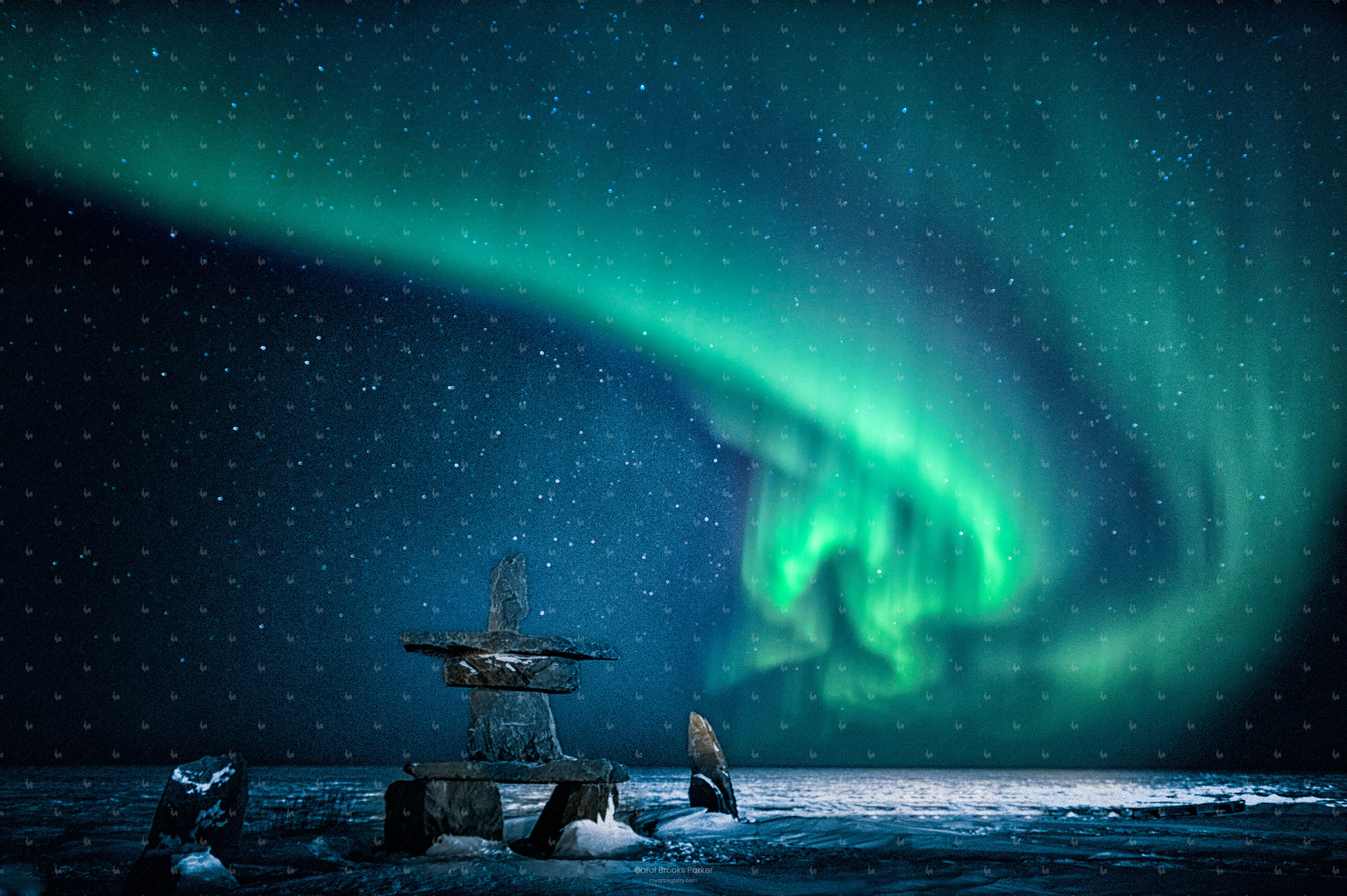 Inuksuk in Snow with Aurora, 2013