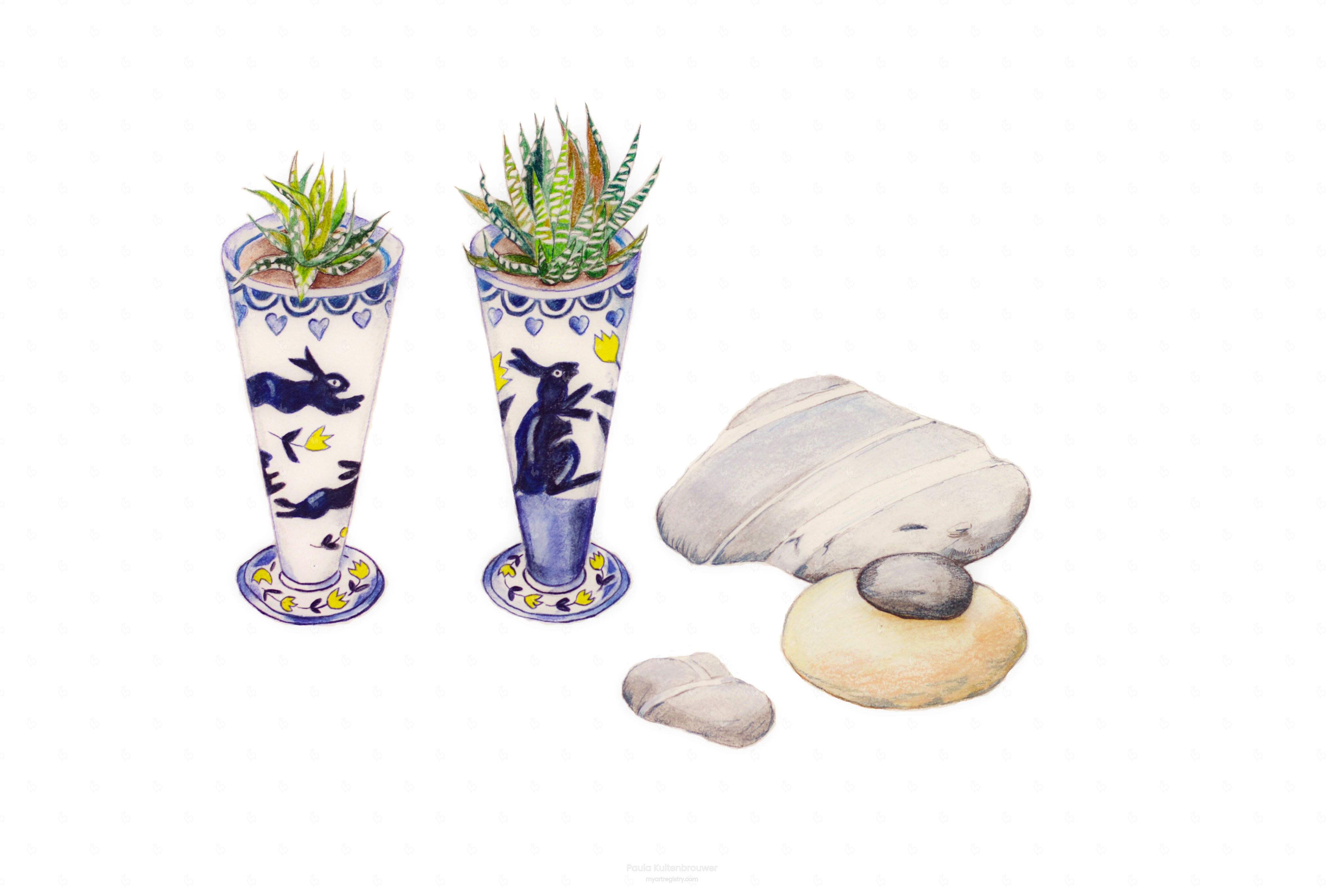 LIMITED EDITION Still Life with Bunny Ceramic Bowls, Zebra Cacti, Irish Killi...