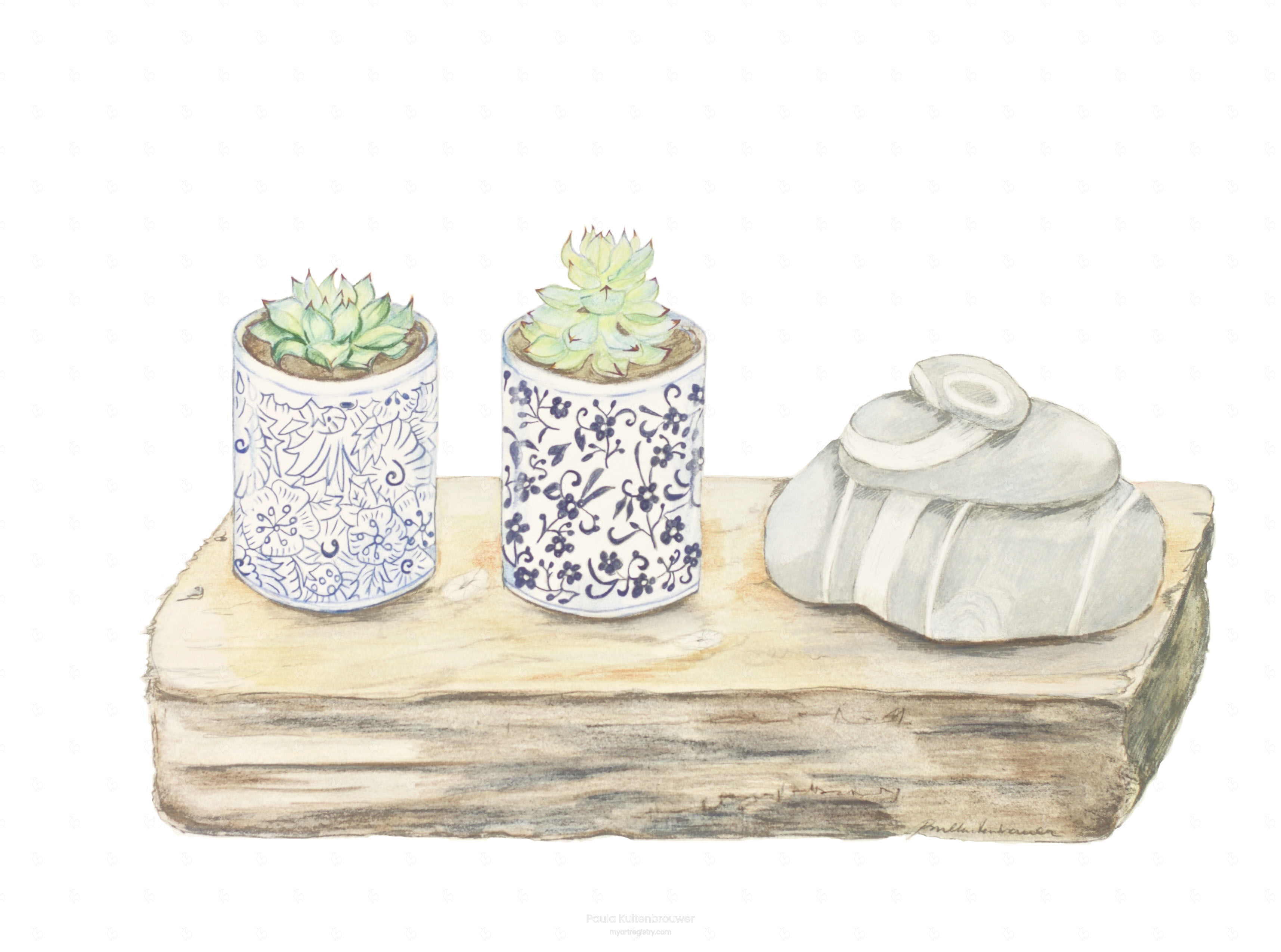 LIMITED EDITION of Still Life with two blue pots, succulent and Killiney Beac...