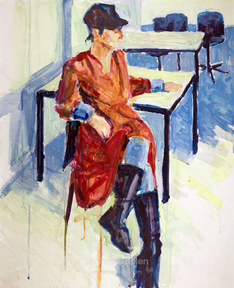 Frau mit Schirmmuetze und rotem Mantel | Woman with Cap and Red Coat